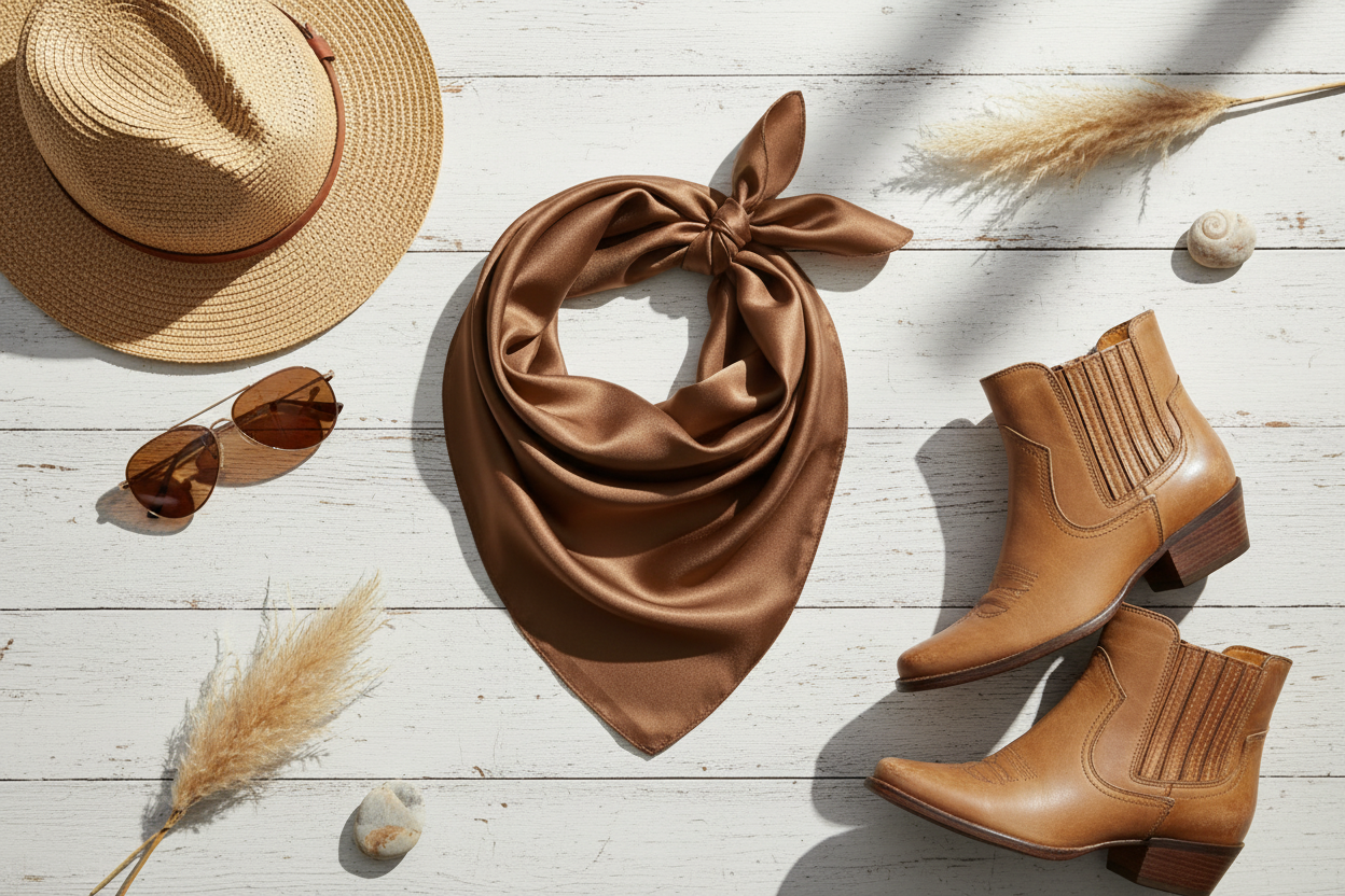 Saddle brown wild rag summer flat lay with straw hat, sunglasses, and tan leather boots on white wood