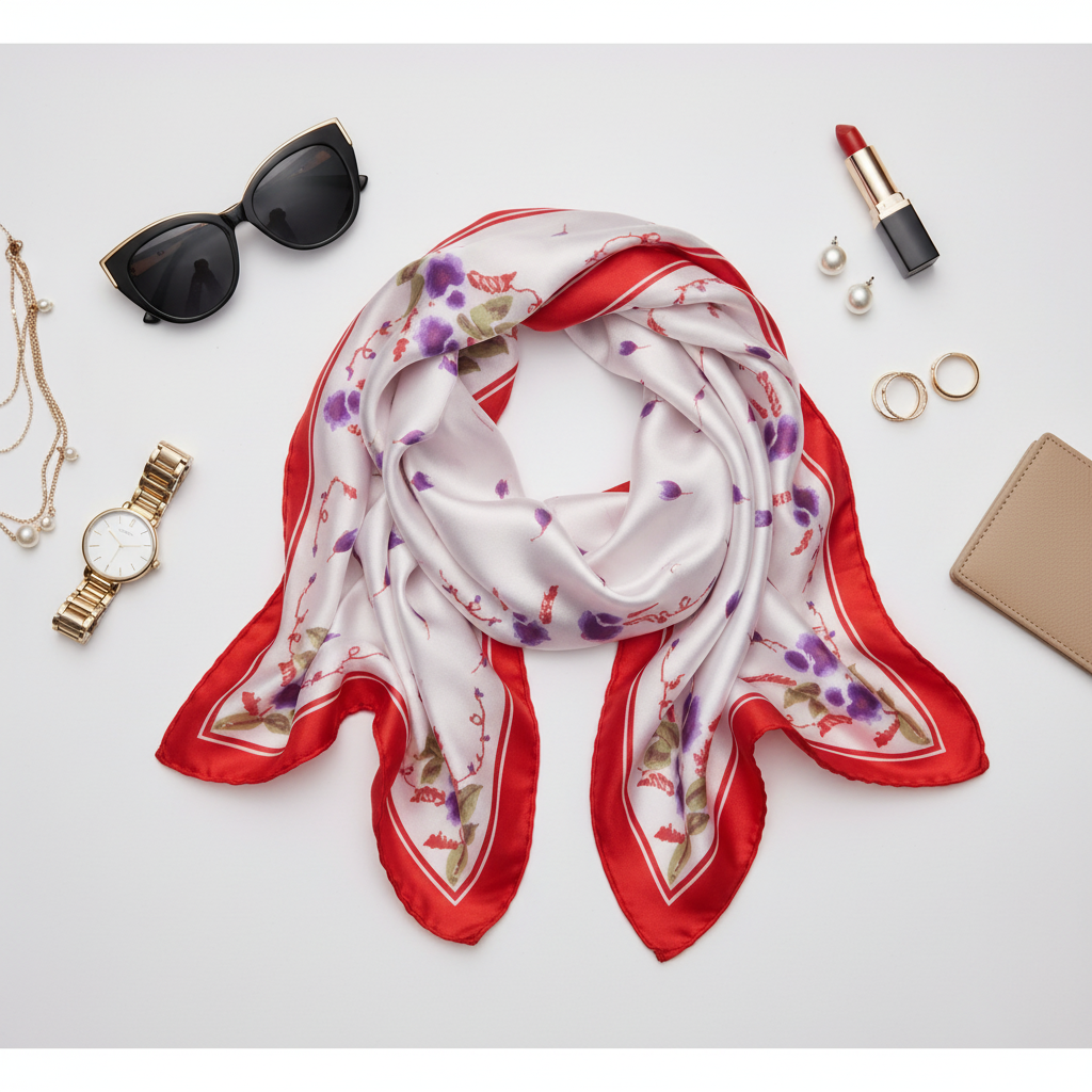 Flat lay of red pink floral satin scarf with fashion accessories on white background