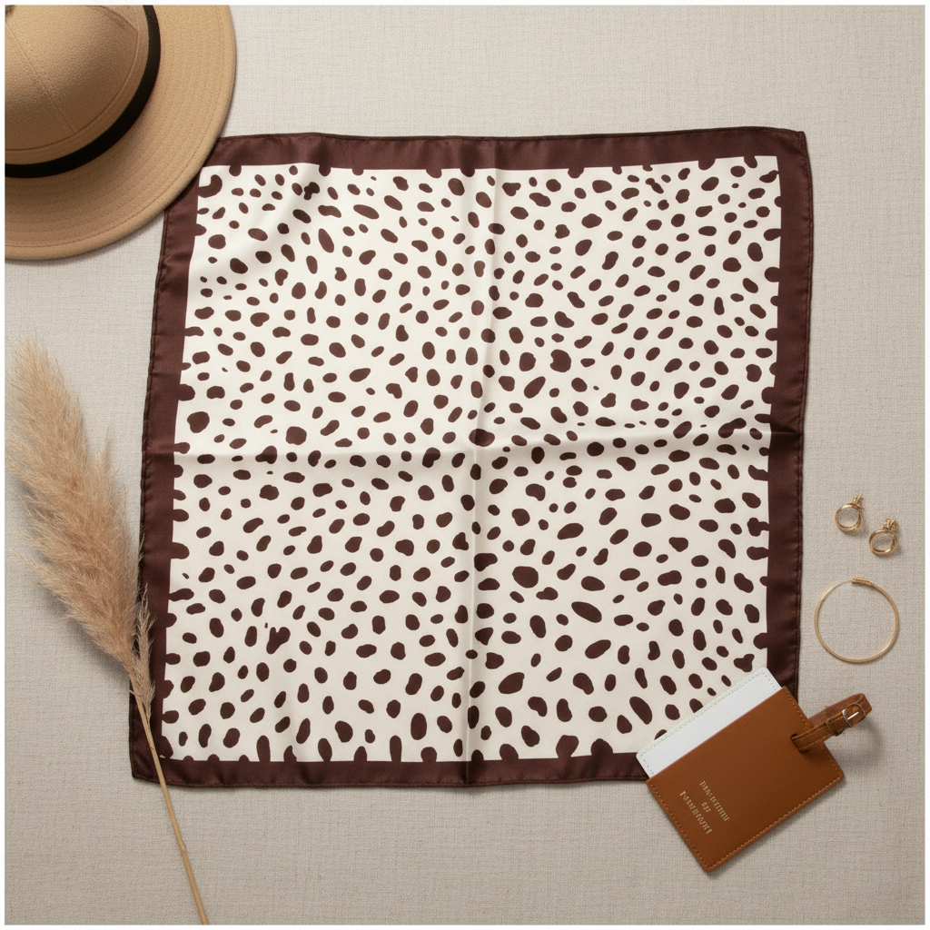 Safari travel flat lay of cream brown leopard print satin square scarf as centerpiece with khaki safari hat tan leather passport holder luggage tag gold jewelry and dried botanicals 20x20