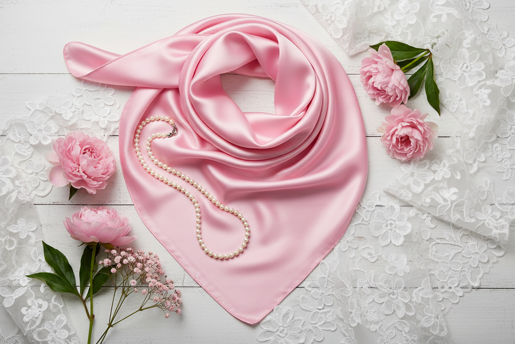 Light pink wild rag flat lay with pearl necklace, white lace, and pink flowers on white wood