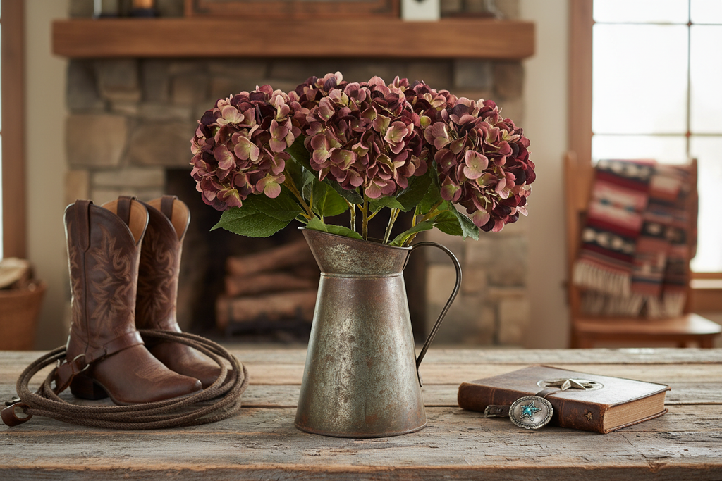 Plum mauve hydrangea stems in rustic metal pitcher on weathered wood table with western ranch decor and leather accents