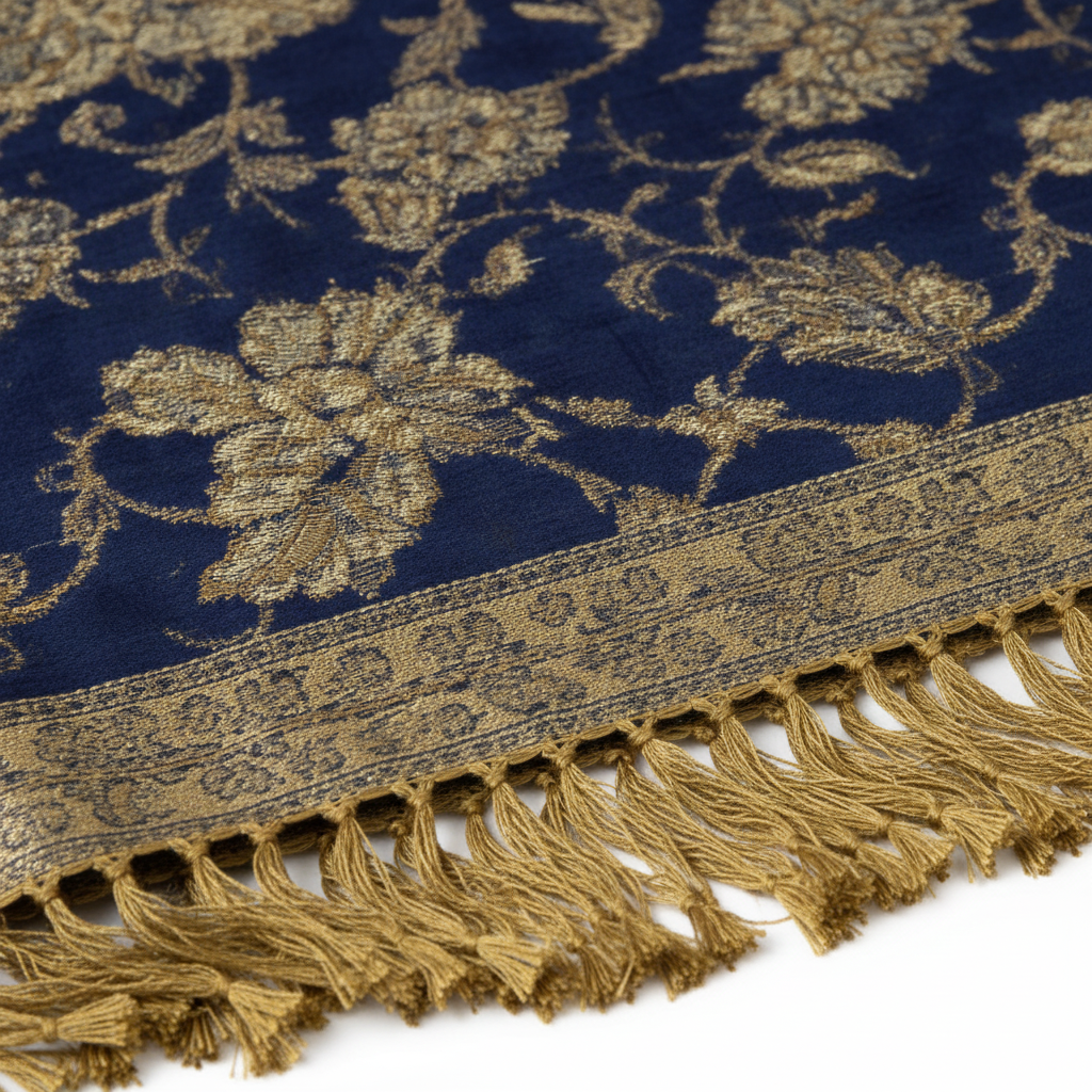 Close-up of navy blue gold paisley jacquard woven fabric texture with gold fringe tassels detail