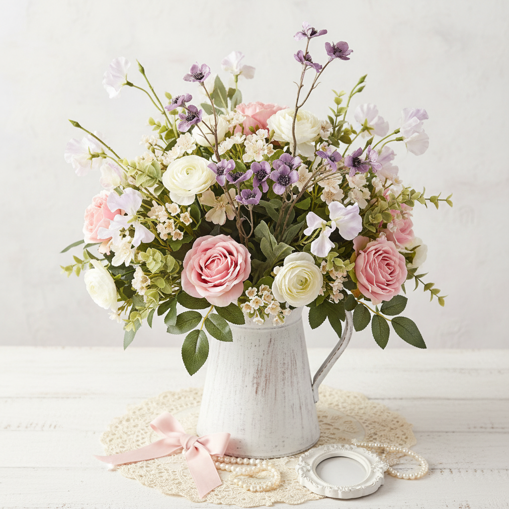 Dusty lavender faux wildflower stems tucked into a romantic shabby chic faux floral arrangement with soft pink roses, white ranunculus and cream flowers in a distressed whitewashed vintage pitcher, shabby chic home decor