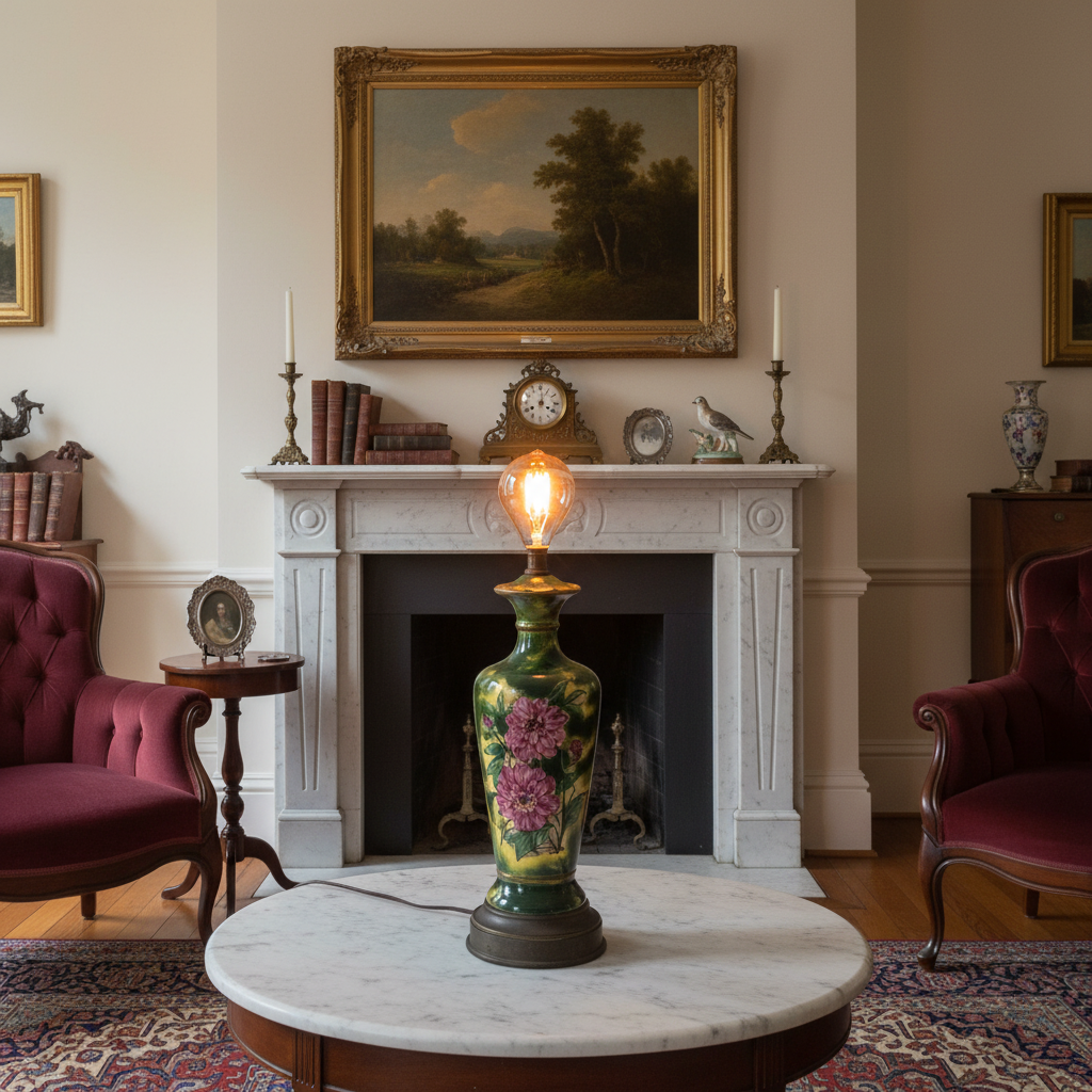 Vintage Victorian hand-painted ceramic table lamp with brass base styled on a marble fireplace mantel in an elegant traditional living room