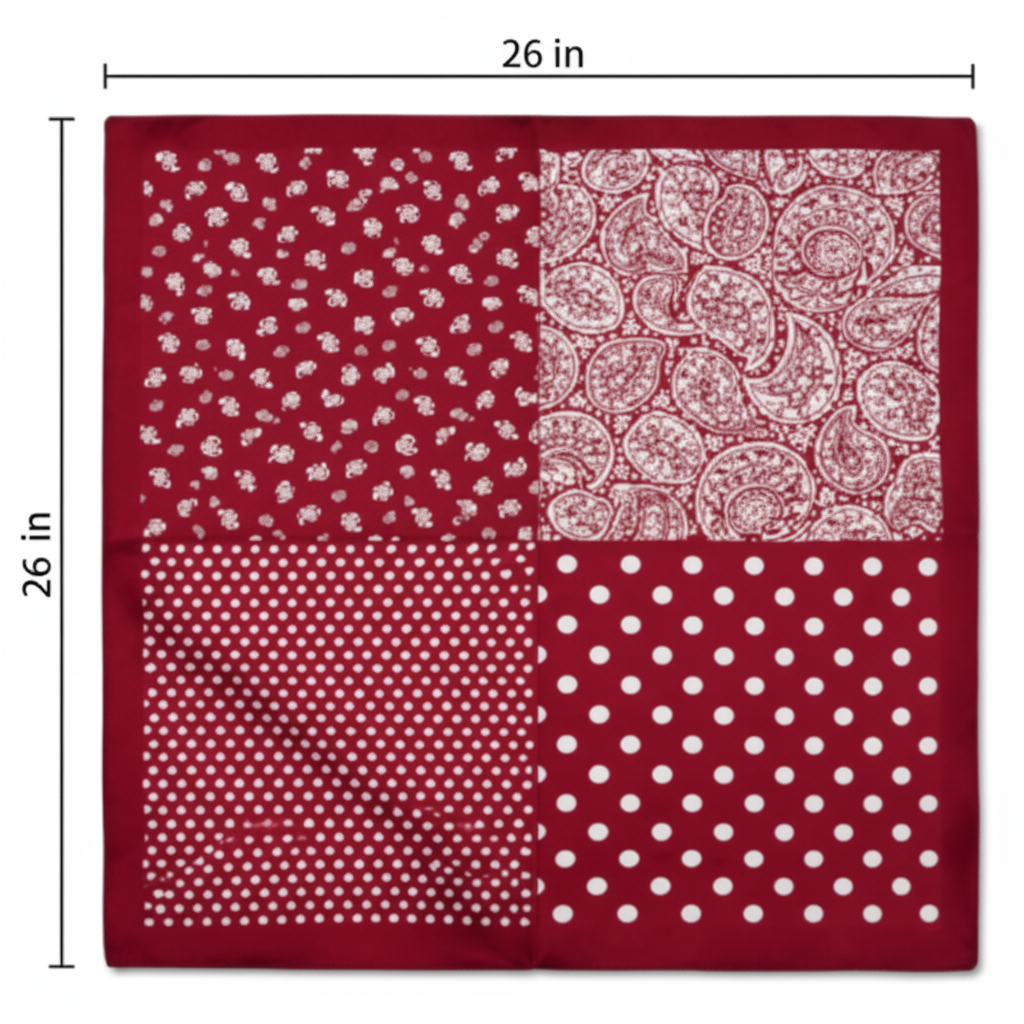Red patchwork bandana scarf flat lay measurement diagram showing 26x26 inch square dimensions on white background