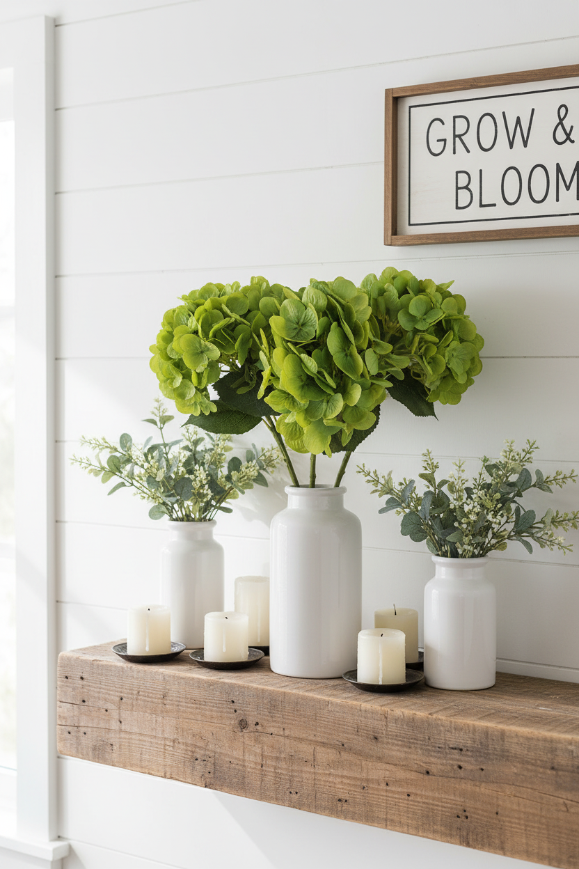 Farmhouse mantel styled with apple green hydrangea stems in white ceramic vases with spring greenery