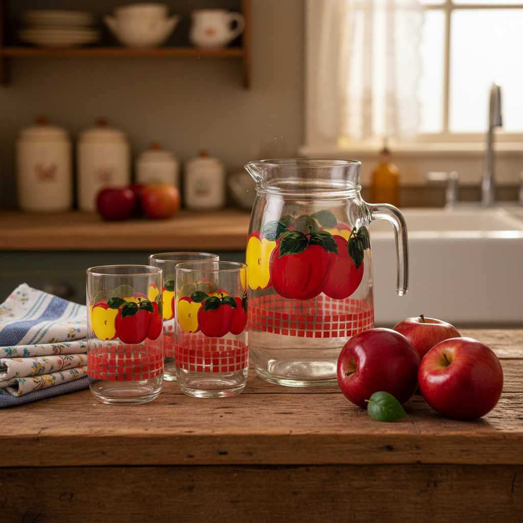 Close-up detail of vintage KIG Malaysia apple glass pitcher showing red apple motif pattern and yellow gingham ribbon on clear glass
