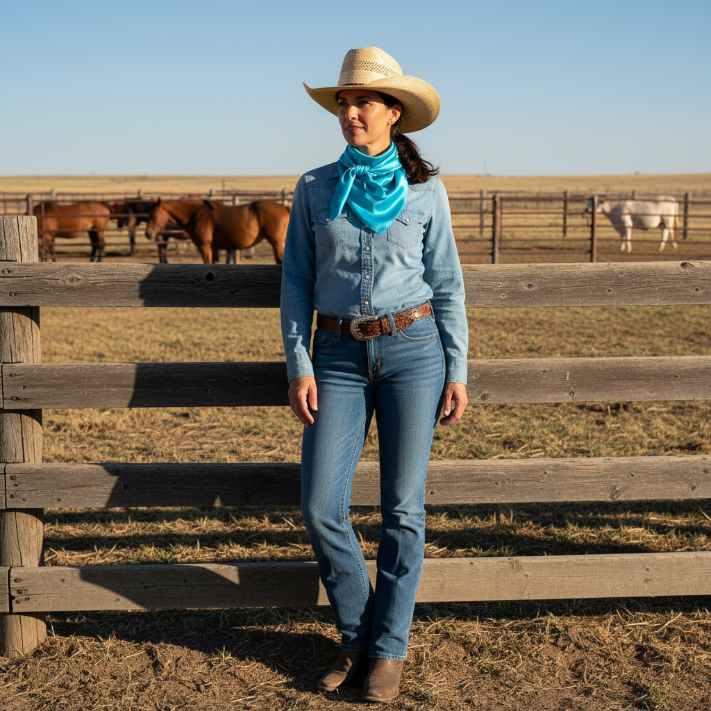 Woman wearing aqua blue wild rag scarf at ranch with western wear and boots
