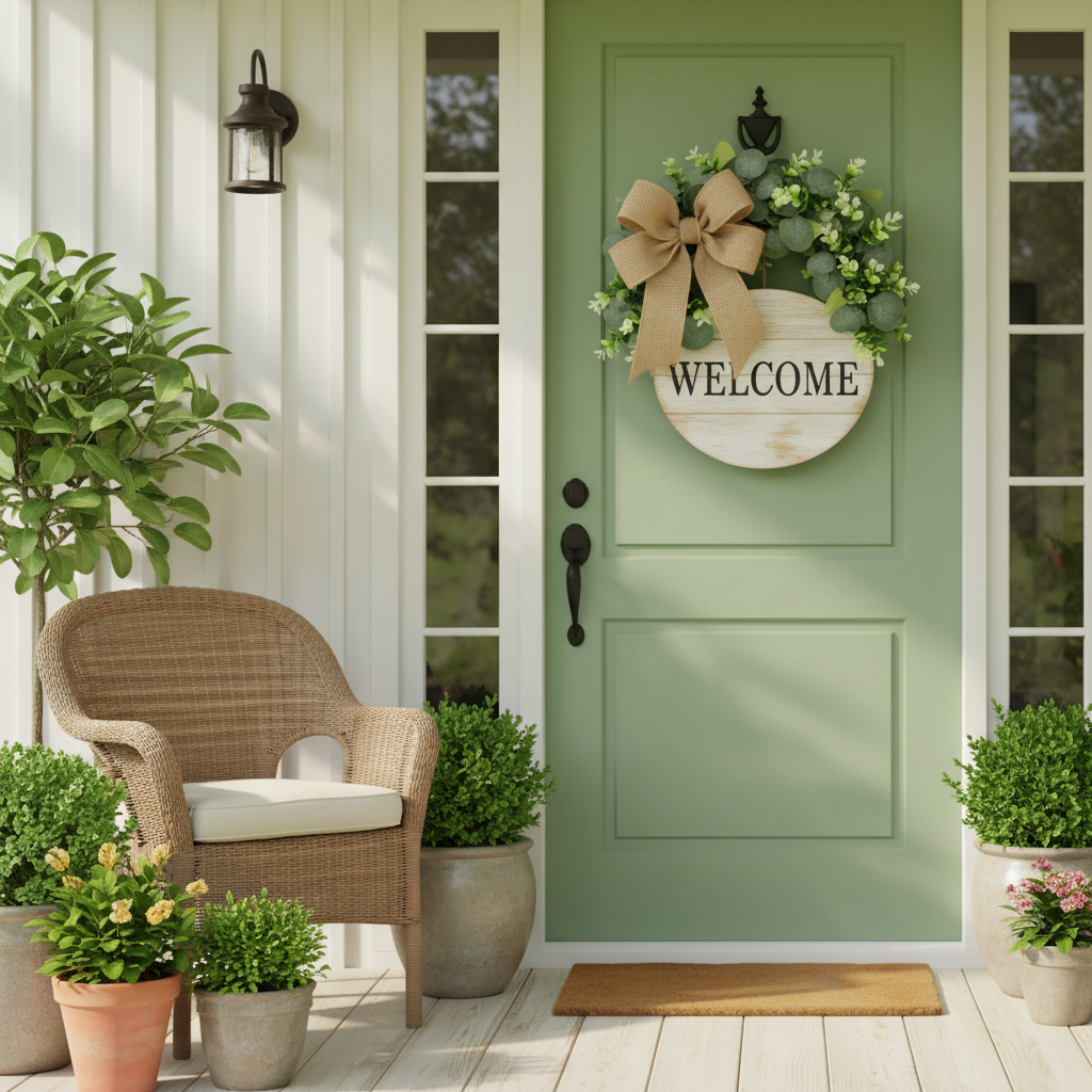 Farmhouse front door wreath with eucalyptus base decorated with burlap bow and welcome sign