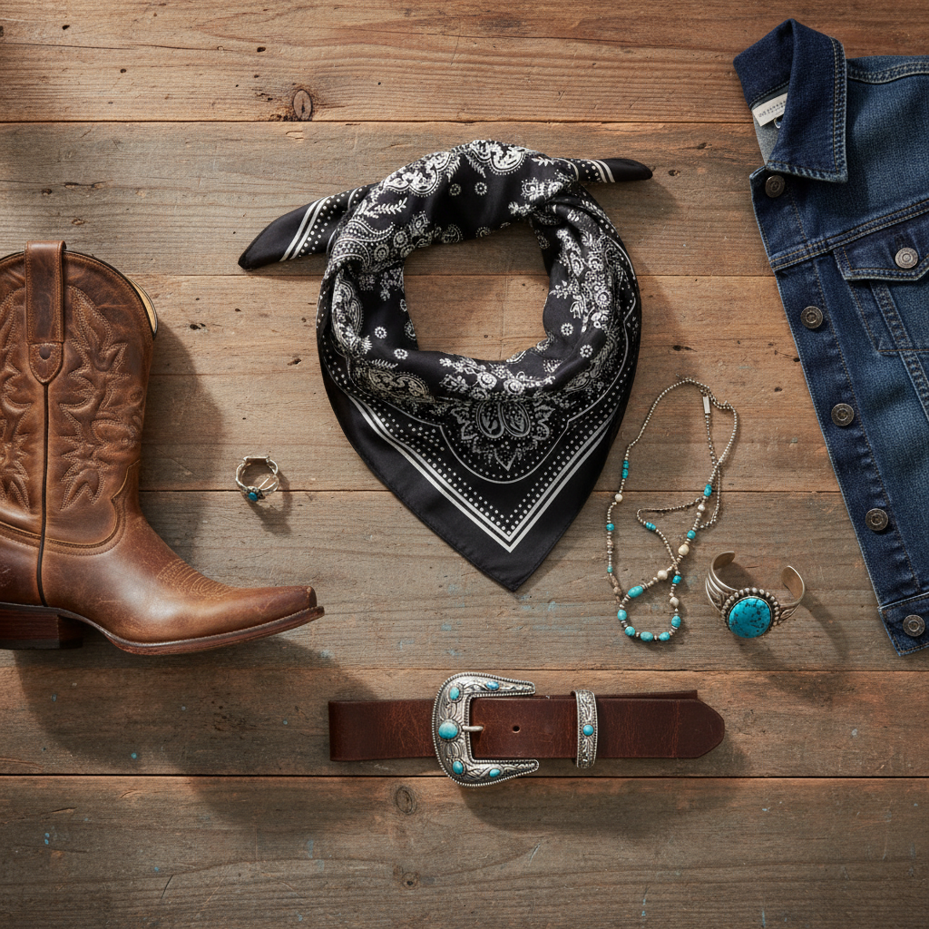Flat lay of black paisley scarf with western boots belt jewelry denim