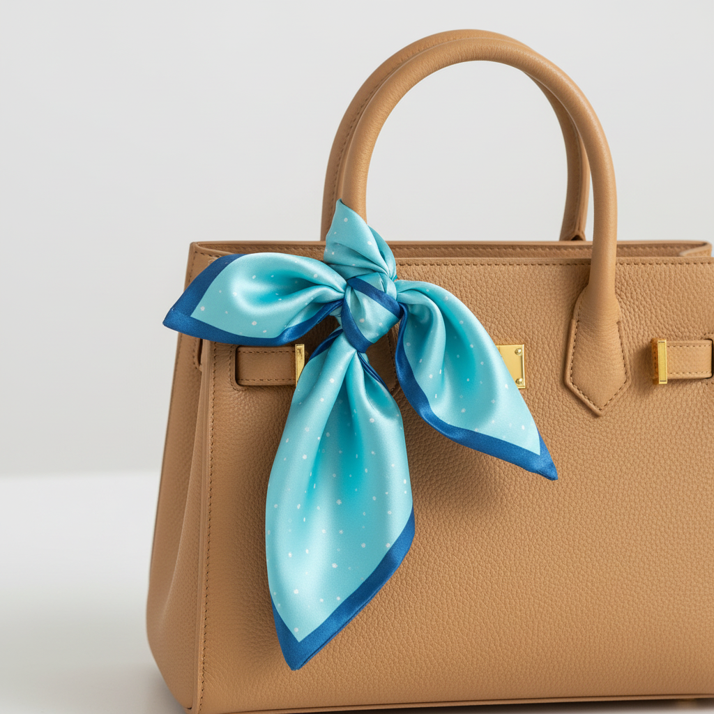 Turquoise blue celestial star print satin scarf tied on handbag handle as charming bag charm