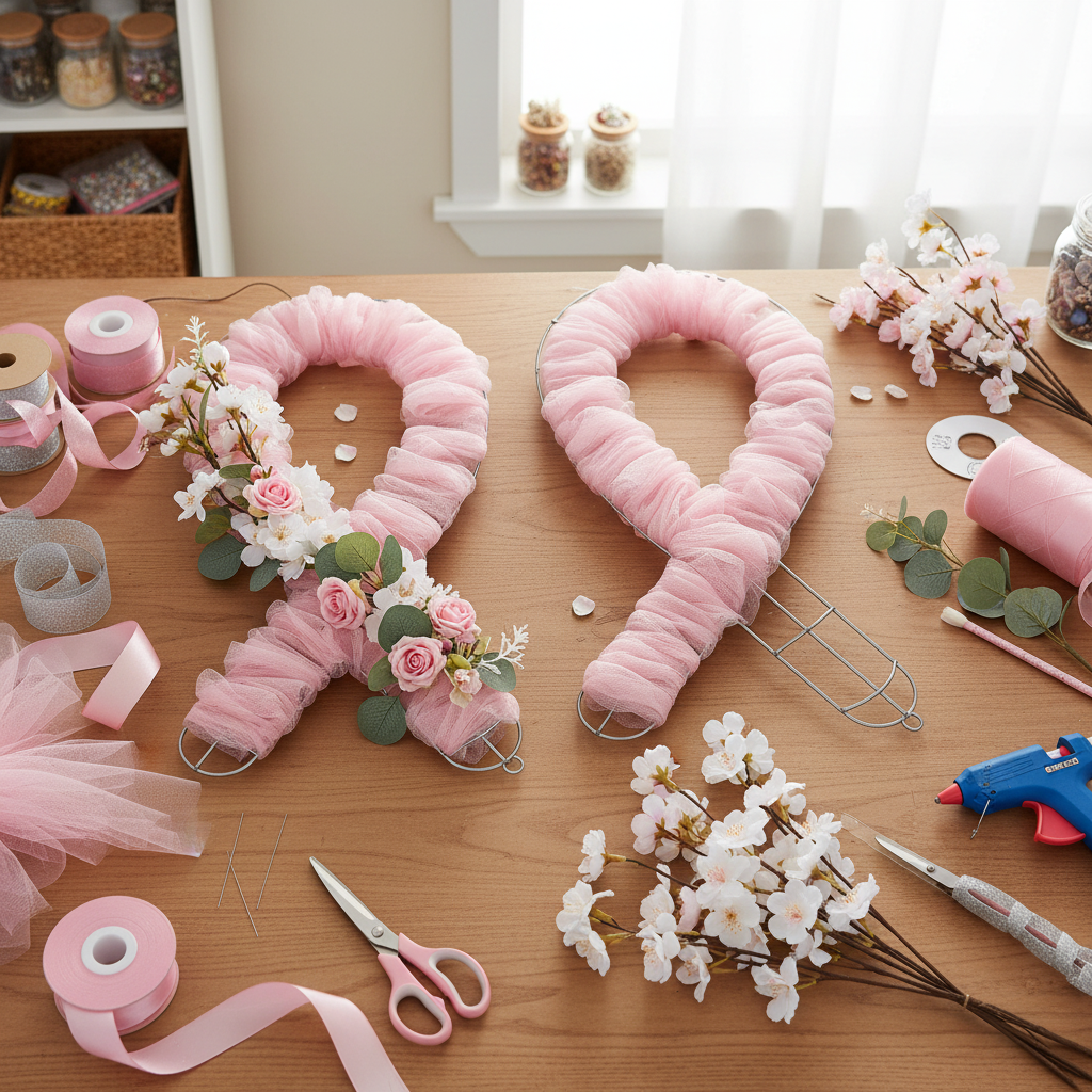 DIY craft workspace showing awareness ribbon wreath form being decorated with pink tulle, floral stems, and ribbon