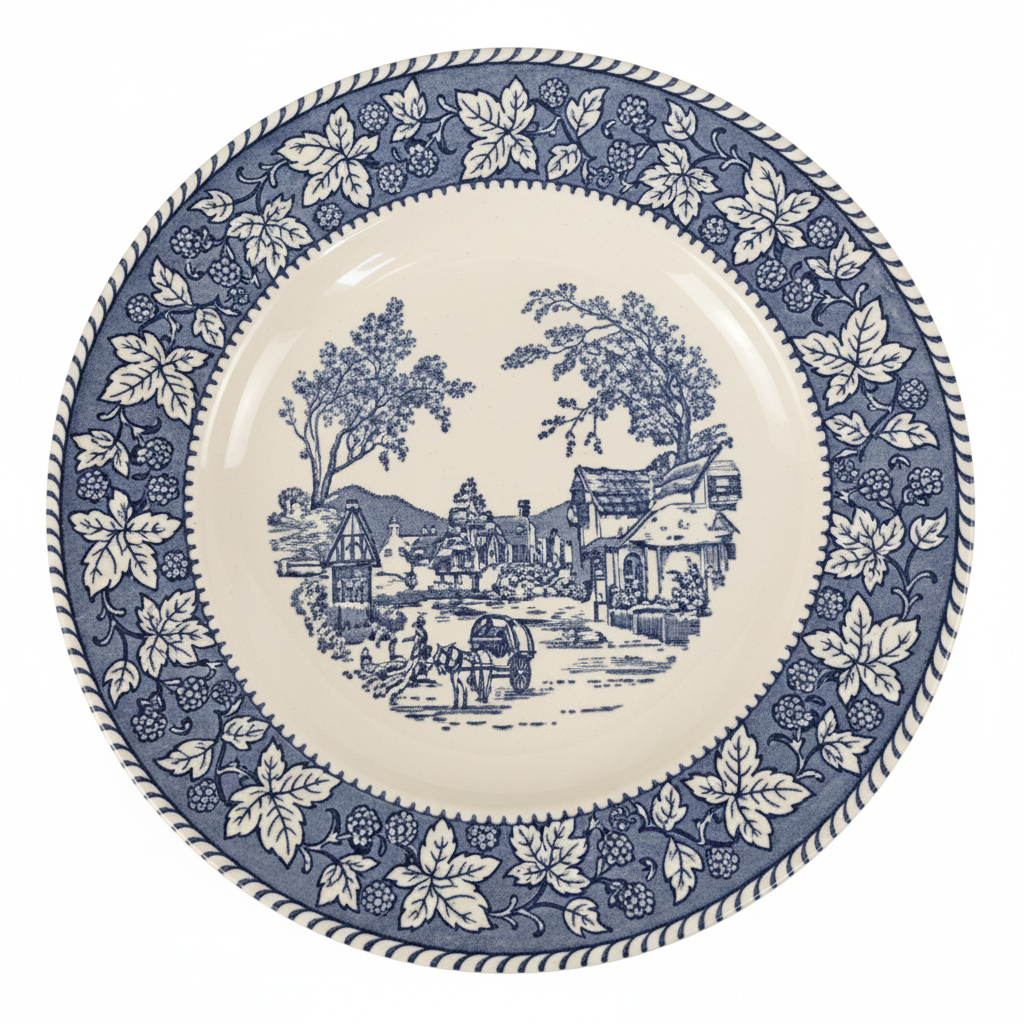 Vintage Homer Laughlin Shakespeare Country dinner plate cobalt blue transferware on white background top view