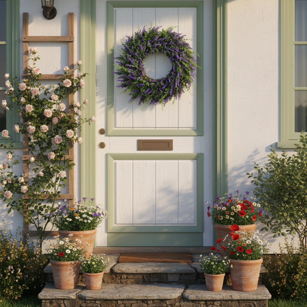 Faux lavender greenery wreath hanging on a white cottagecore cottage front door with sage green trim and terracotta pots