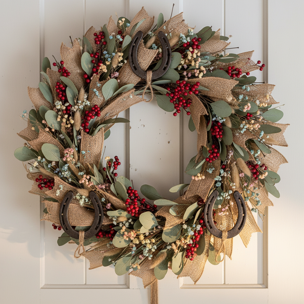 Three rustic iron horseshoes evenly spaced and attached with twine to a farmhouse wreath with eucalyptus, red berries and burlap ribbon on a white door