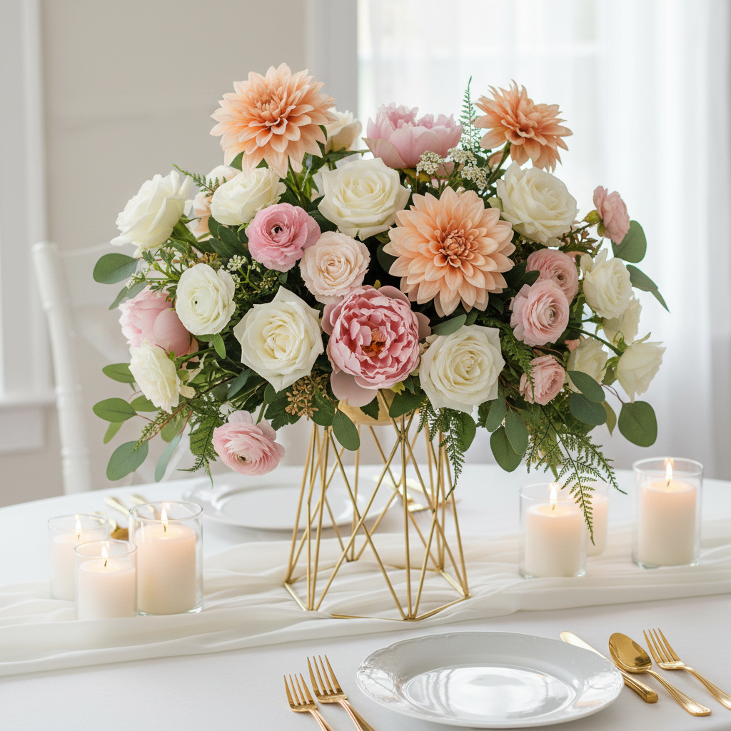 Elegant wedding table centerpiece with soft peach dahlia stems, white roses and blush peonies in gold geometric vase with candles
