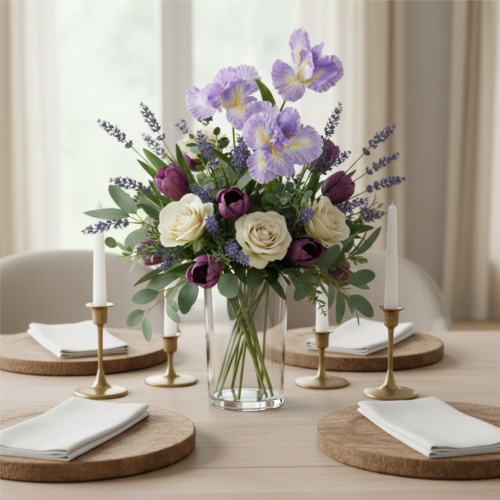 Faux lavender iris stem as a spring dining table centerpiece in a tall clear glass vase with lavender sprigs, purple tulips, ivory roses and eucalyptus, linen napkins and candles