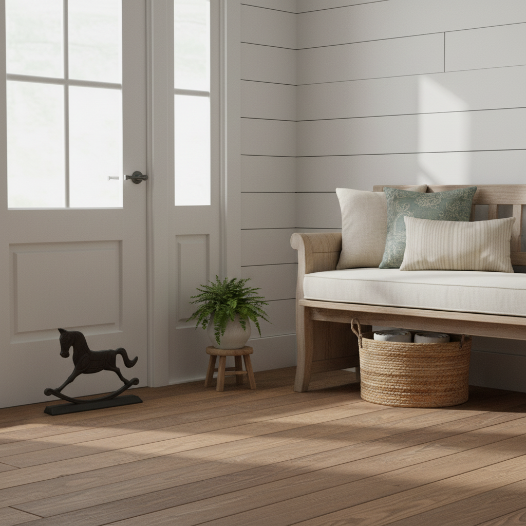 Black cast iron rocking horse door stop holding open white wooden door in rustic farmhouse entryway with vintage wood floors