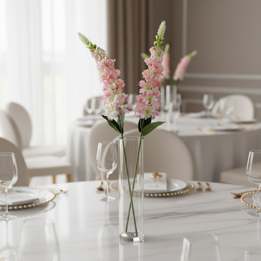 Two artificial pink and white snapdragon stems in tall glass vase wedding centerpiece