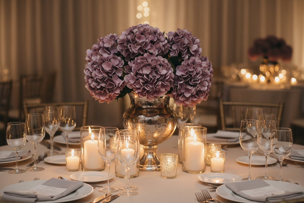 Wedding reception centerpiece featuring lavender purple hydrangea stems in vintage vase with candles and neutral linens
