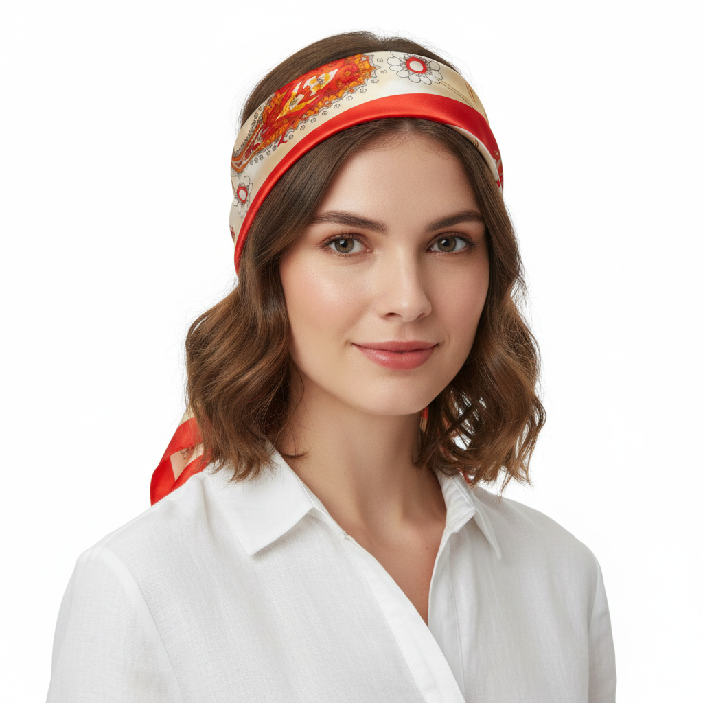 Woman wearing red paisley satin square scarf as headband hair wrap