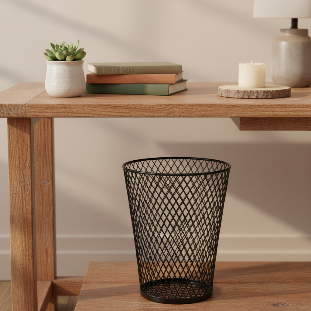 Black wire mesh basket styled as a rustic industrial waste basket on a wooden desk with succulent and candle