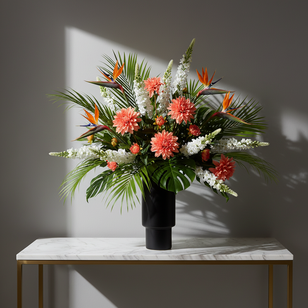 White snapdragon stems with coral dahlias and bird of paradise in modern black vase
