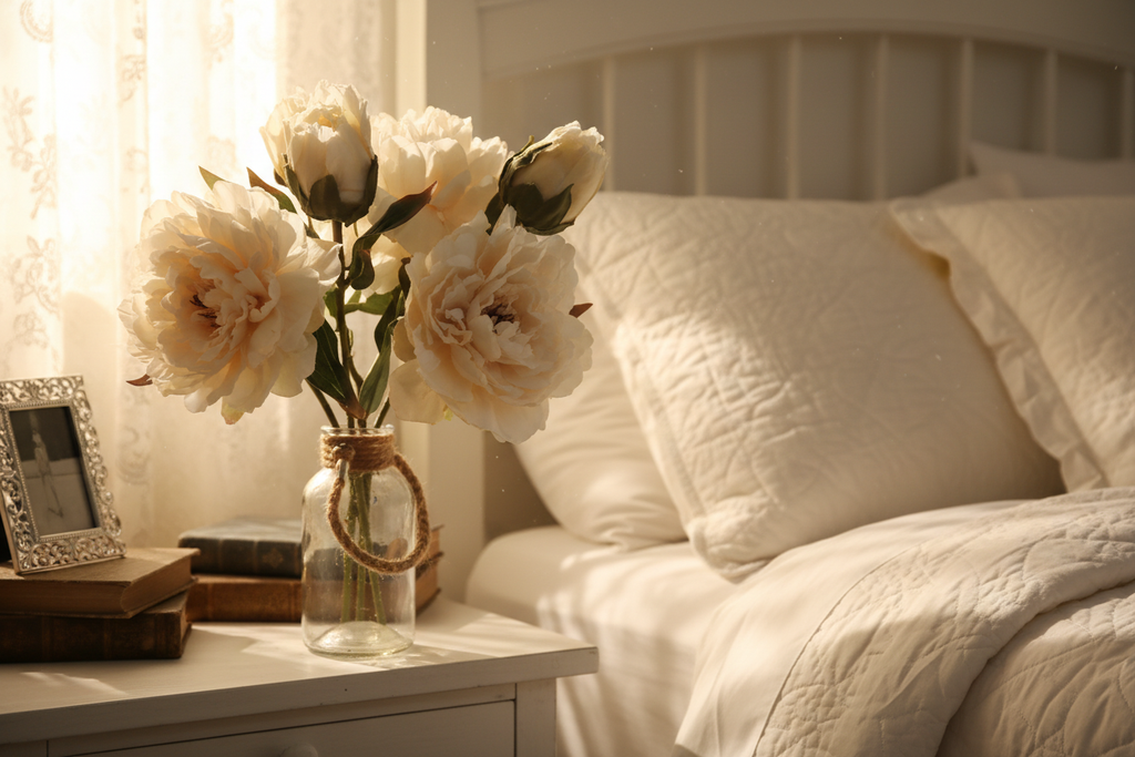 Bedroom nightstand with cream ivory peony arrangement in soft morning light, romantic cottage decor