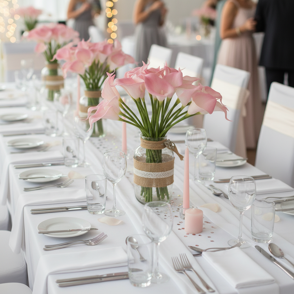 Blush pink artificial calla lily stems on elegant spring wedding table with white linens, romantic tablescape centerpiece