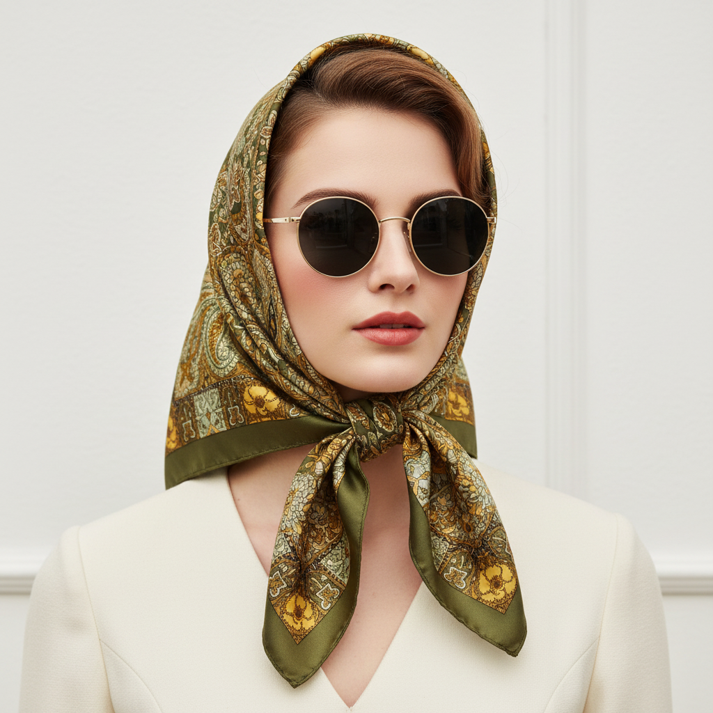 Woman wearing olive green paisley satin scarf as a vintage glamour head scarf with sunglasses – 35 inch square scarf