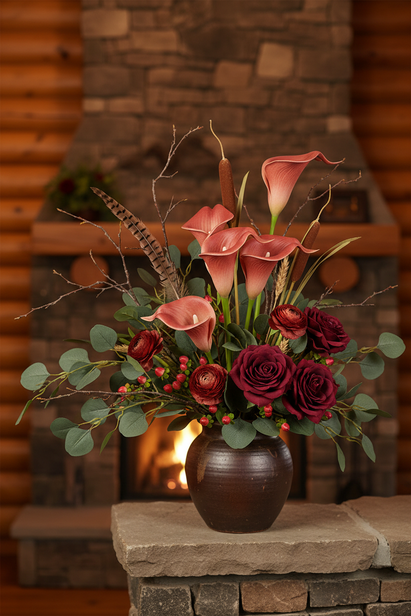Terracotta calla lily stems arranged in a hand-thrown dark brown pottery vessel on a stone fireplace mantle in a rustic log home great room, styled with pheasant feathers, cattails, burgundy roses, hypericum berries, and wheat in warm amber firelight