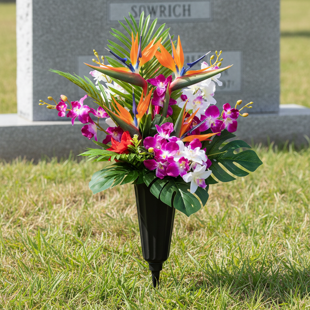 Black cemetery vase with vibrant tropical silk flowers at gravesite