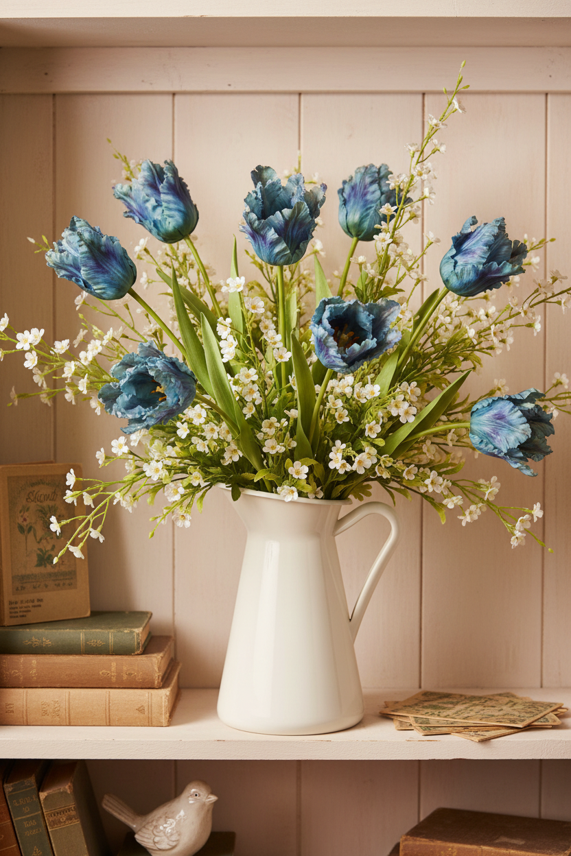 Three blue artificial parrot tulip stems with ruffled layered blue petals arranged in a white ceramic pitcher vase at varied heights, styled on antique white farmhouse shelving with soft greenery accents and warm natural light