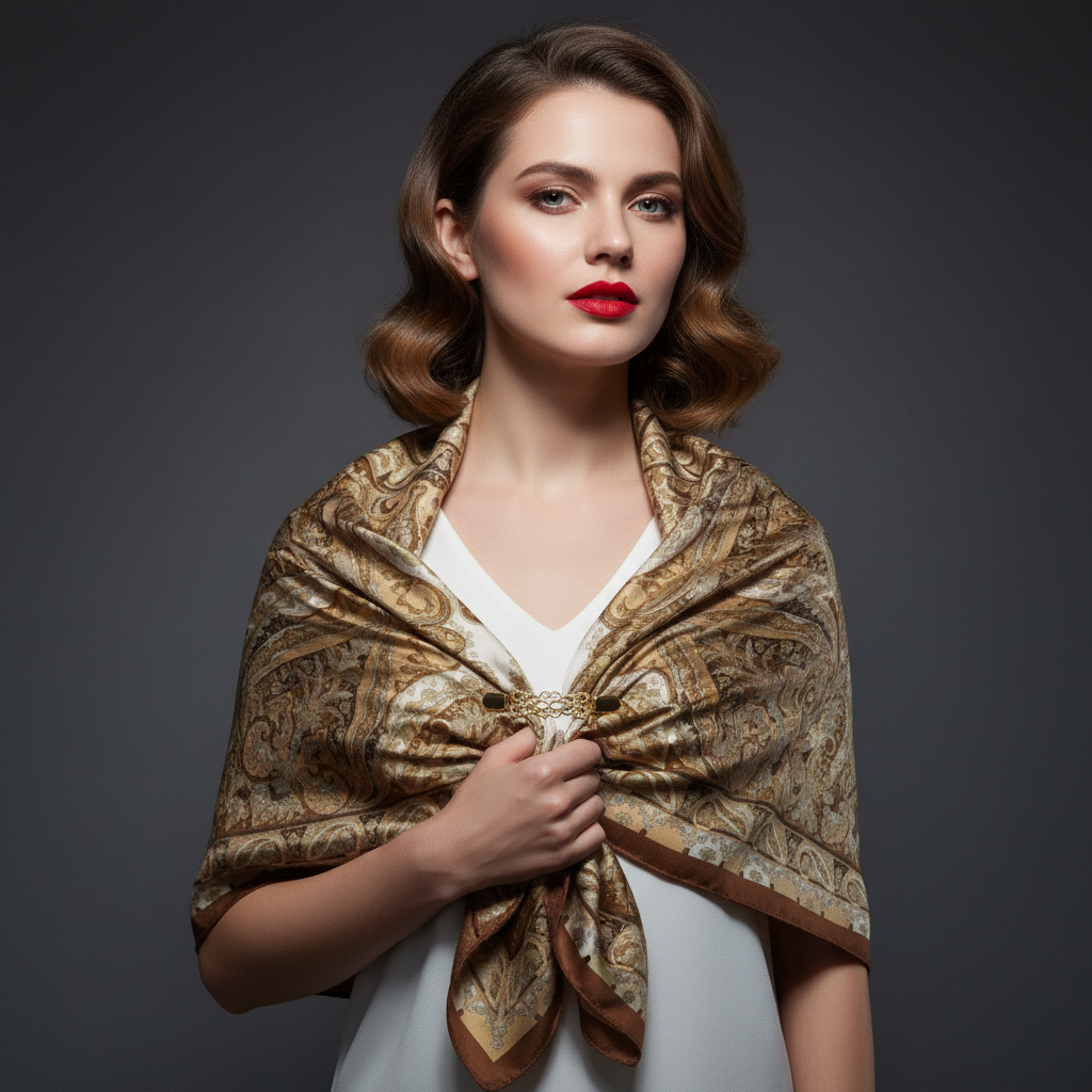 Gold sweater clip holding fall paisley gold brown wild rag scarf as shawl wrap, luxury editorial