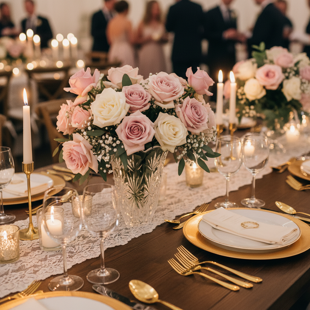 Vintage crystal vase wedding centerpiece with blush pink roses on elegant reception table with gold flatware and romantic candlelight