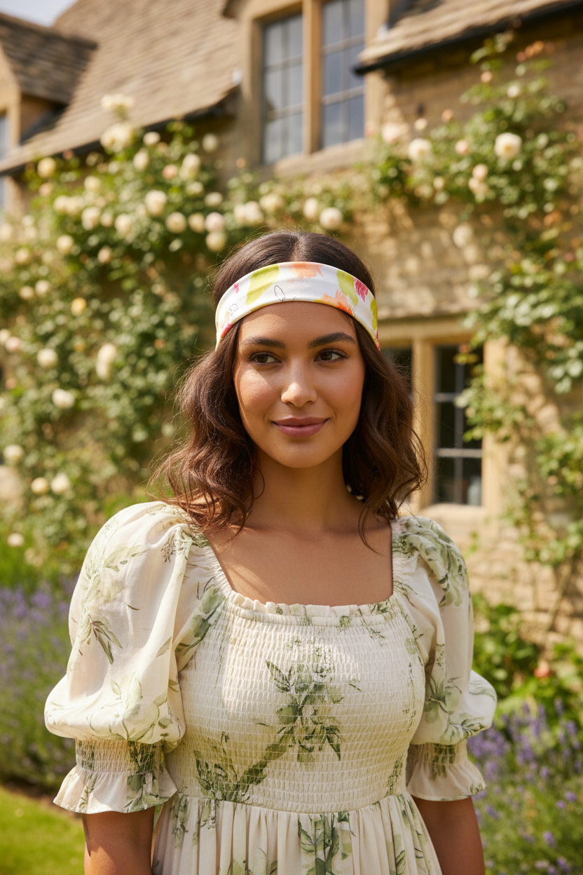 Woman with olive skin tone and dark hair wearing a green orange pink watercolor floral satin scarf tied as a cottagecore headband across the forehead with a floral cream and green dress in a garden setting