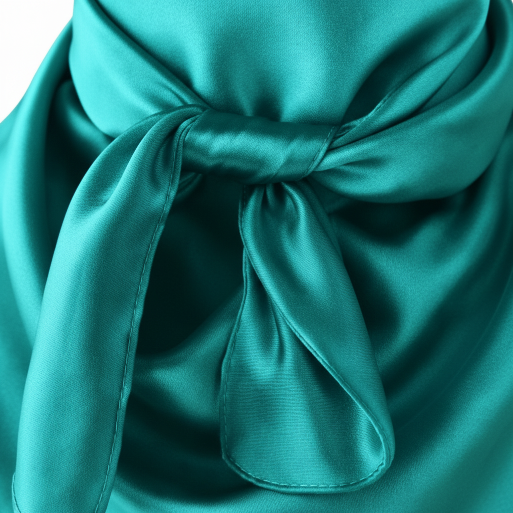 Close-up detail of teal blue satin wild rag fabric showing silk-like sheen
