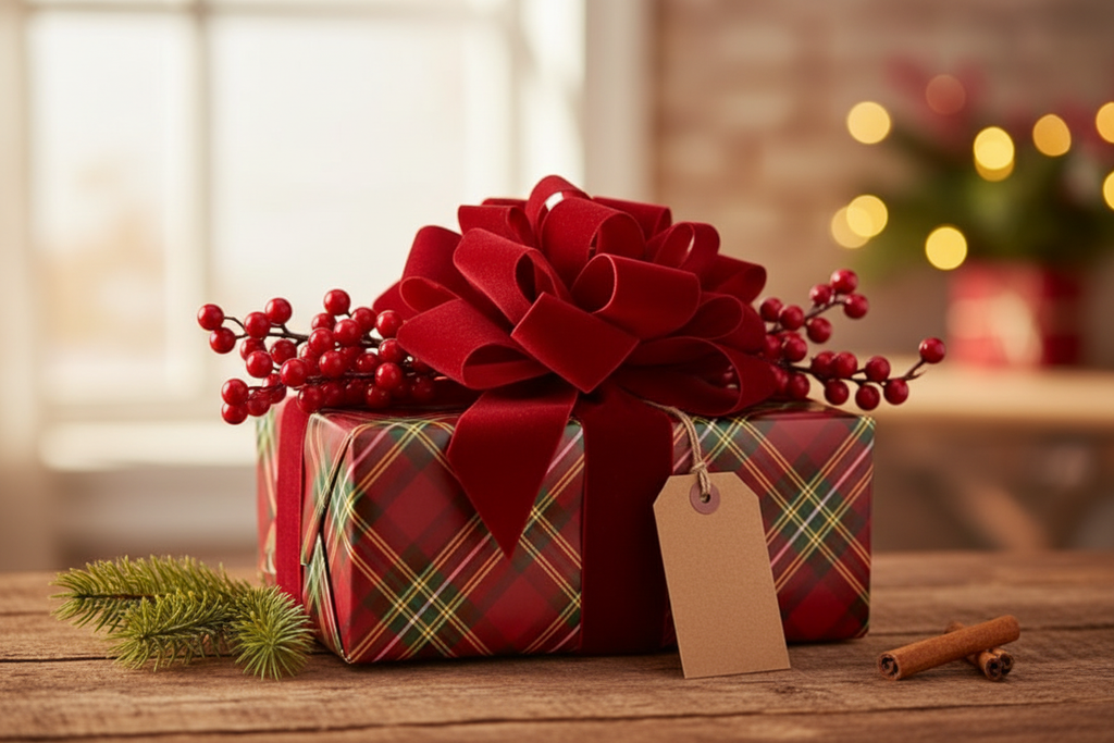 Red artificial berry picks as a package topper on a wrapped Christmas gift with ribbon bow and pine sprig