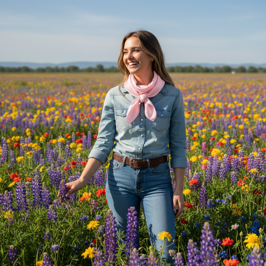 Woman wearing pastel pink wild rag scarf in spring wildflower field with western inspired outfit