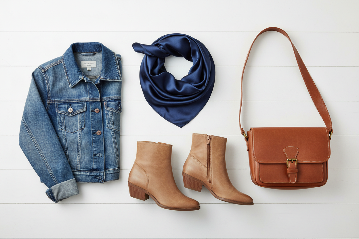 Navy blue wild rag with denim jacket, tan leather boots, and crossbody purse, classic neutral styling