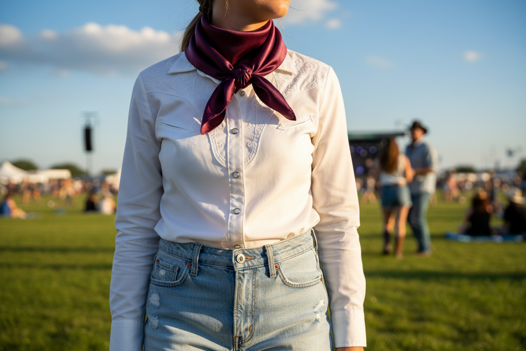 Eggplant purple wild rag at summer country music festival with white western shirt and denim shorts