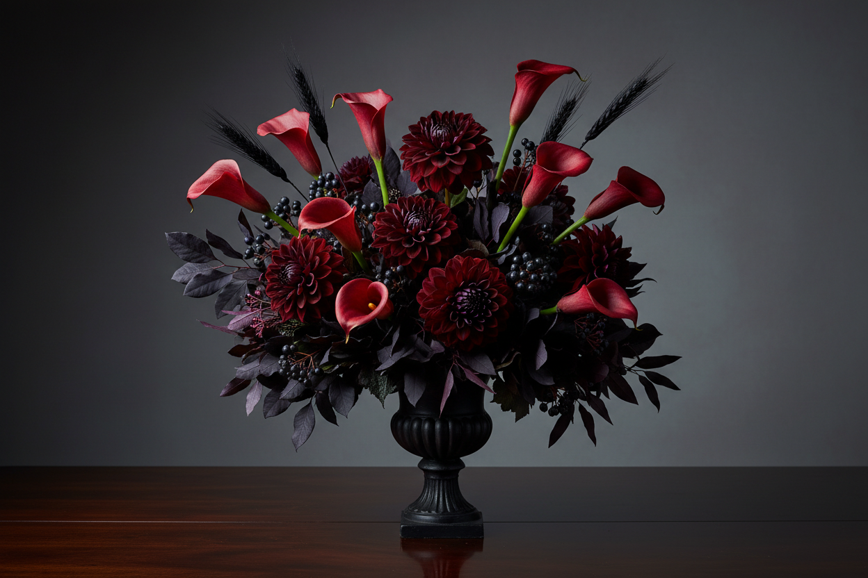 Harvest gothic fall centerpiece featuring deep true red artificial calla lily stems with burgundy dahlias, black wheat stalks, and dark berries in a black iron urn