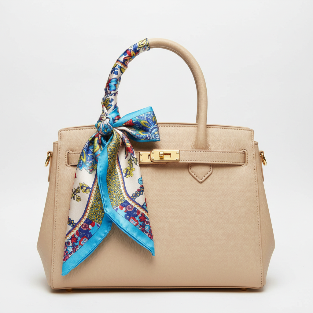 Blue floral bohemian satin scarf 20x20 tied on handbag handle as stylish accessory