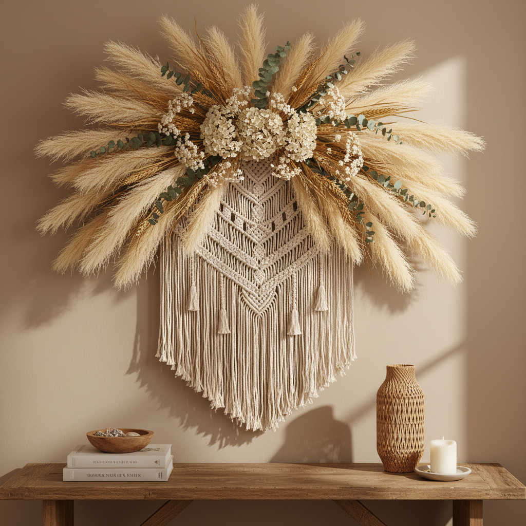 Cream beige faux pampas grass stems fanning out in boho macrame wall hanging with dried wheat, eucalyptus, ivory hydrangeas and dried flowers in neutral living room