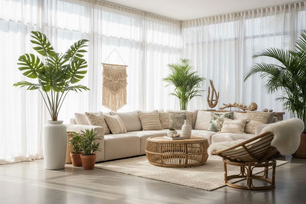 Modern boho living room with artificial Monstera leaf stems in tall white ceramic floor vase, natural light, rattan furniture, tropical coastal home decor