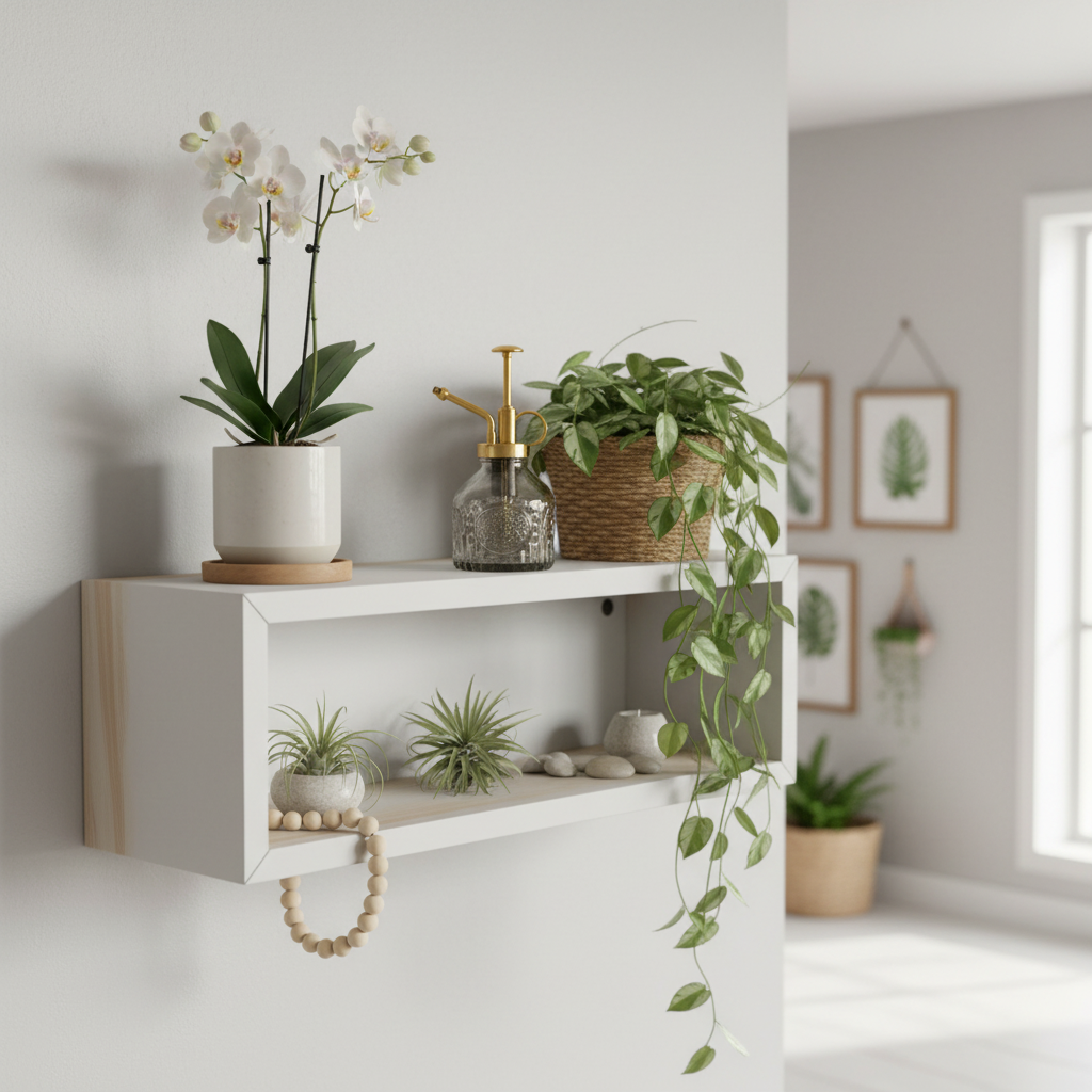 Smoke gray glass plant mister displayed on modern white floating shelf with potted orchids, trailing pothos, and air plants in contemporary home