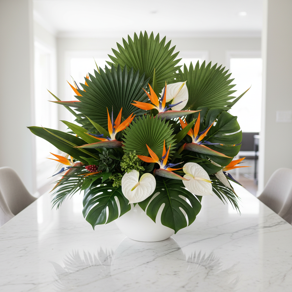 Lush tropical floral centerpiece with 3 artificial fan palm leaves mixed with birds of paradise and anthuriums in a white ceramic vase on marble table