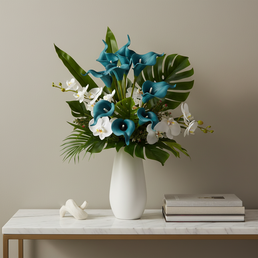 Teal peacock blue artificial calla lily stems arranged in a white ceramic vase on a marble console table in a modern contemporary interior