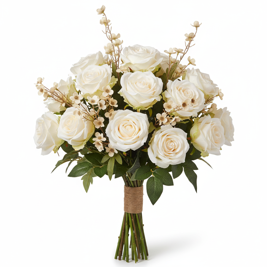 Artificial cream beige dogwood stems as filler flower in professional neutral white and cream rose floral shop bouquet