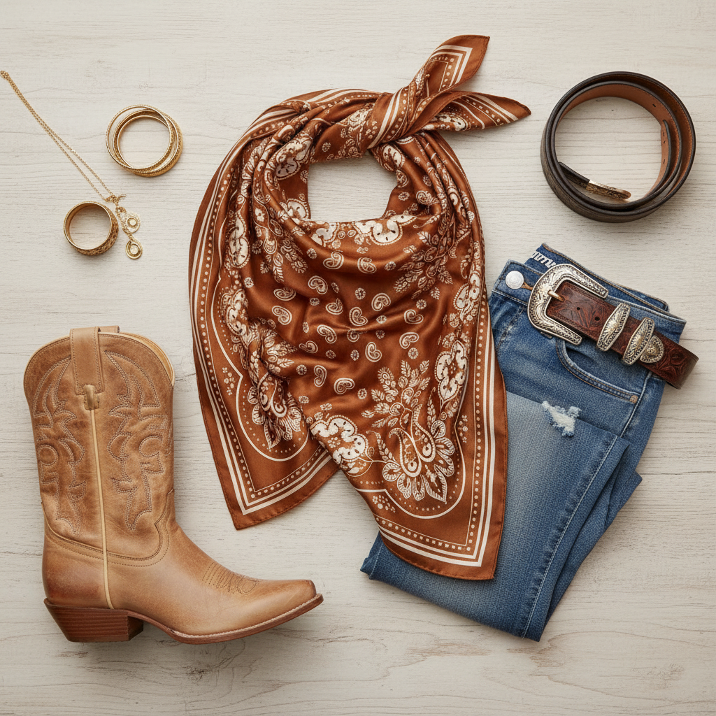 Caramel brown paisley wild rag scarf styled flat lay with western accessories cowboy boots leather belt gold jewelry and denim